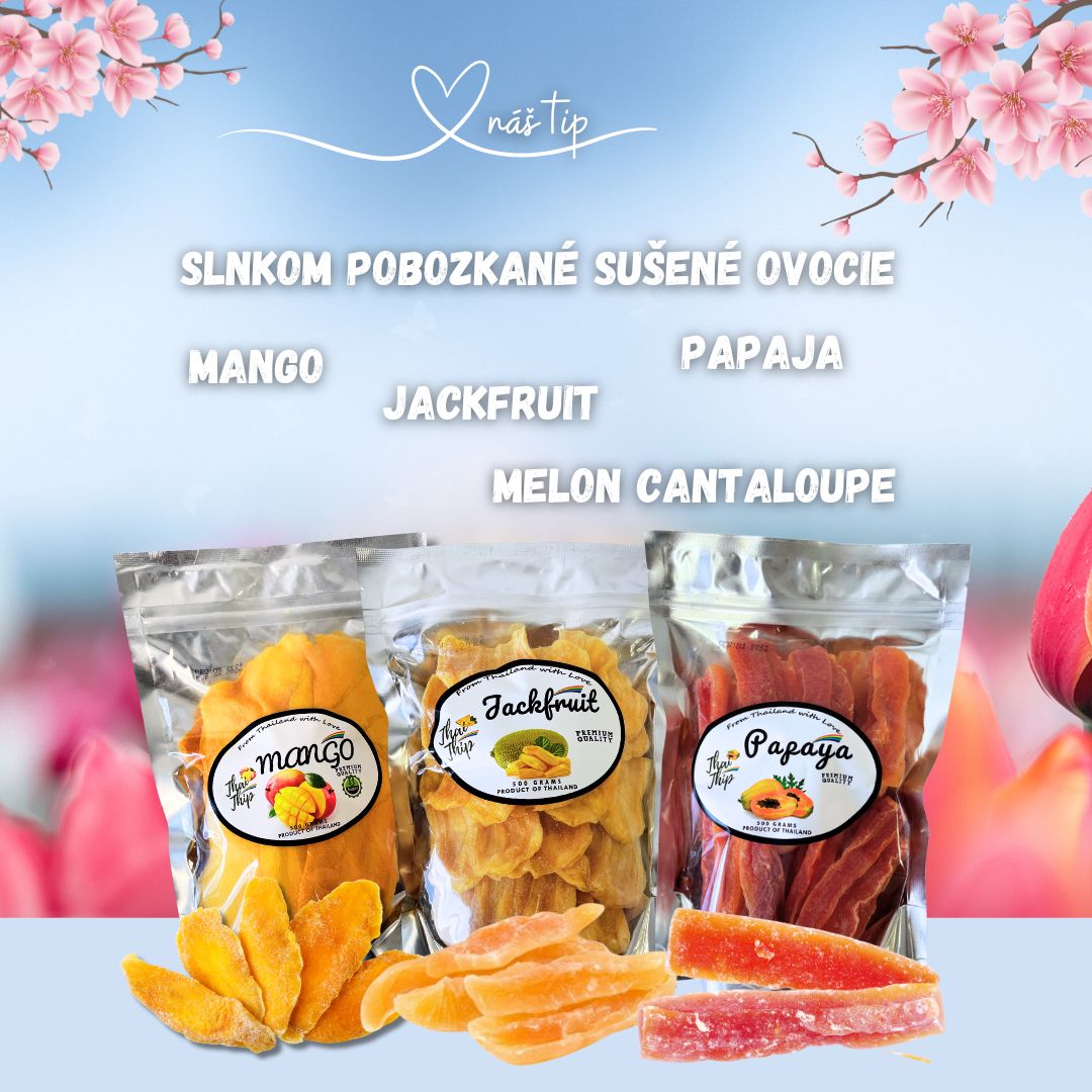 Slnkom pobozkané sušené ovocie z exotiky - mango, jackfruit, papája a melón Cantaloupe