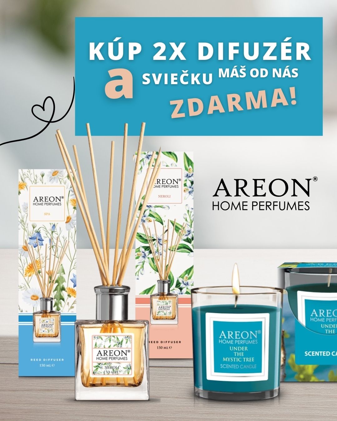 AKCIA Kúp 2x osviežujúci difuzér AREON a vonnú sviečku máš od nás ZDARMA!