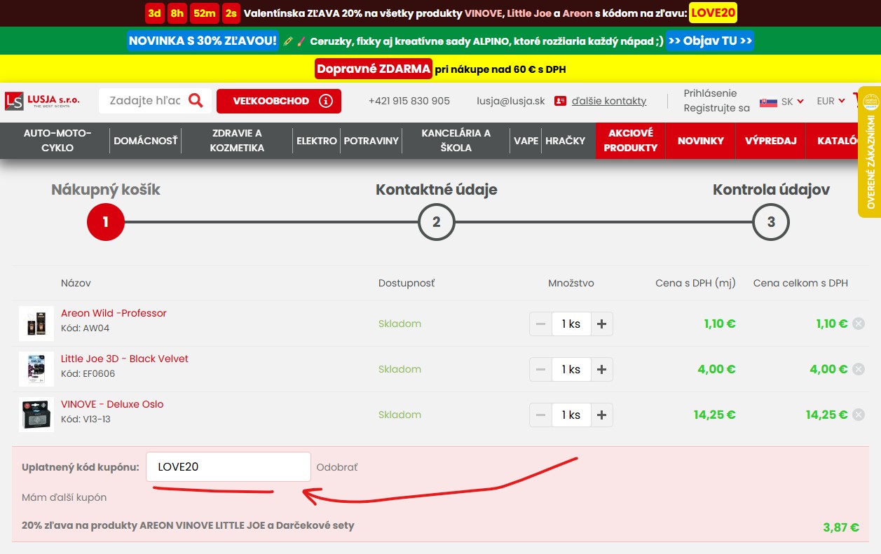 Valentínska ZĽAVA 20% na všetky produkty VINOVE, Little Joe a Areon s kódom na zľavu: LOVE20