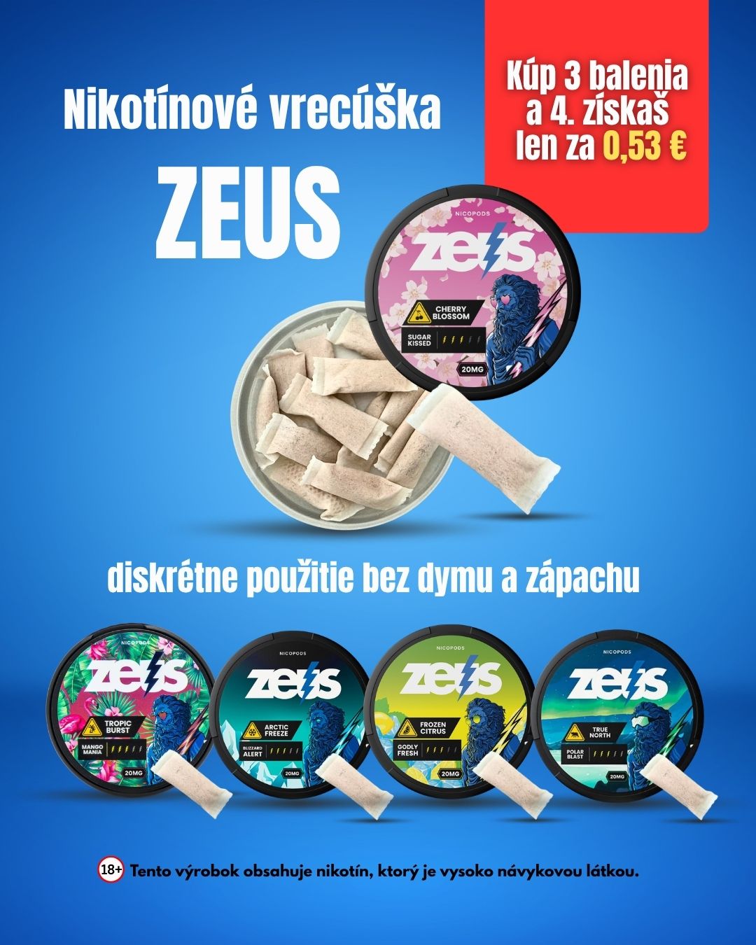 Nikotínové vrecúška ZEUS - kúp 3 balenia a 4. máš so zľavou 90 %